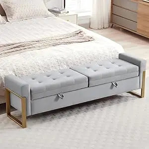 67" Storage Bench for Bedroom End of Bed, Velvet King Size Bed Bench with Double Lids and Gold Legs, Storage Ottoman Bench with