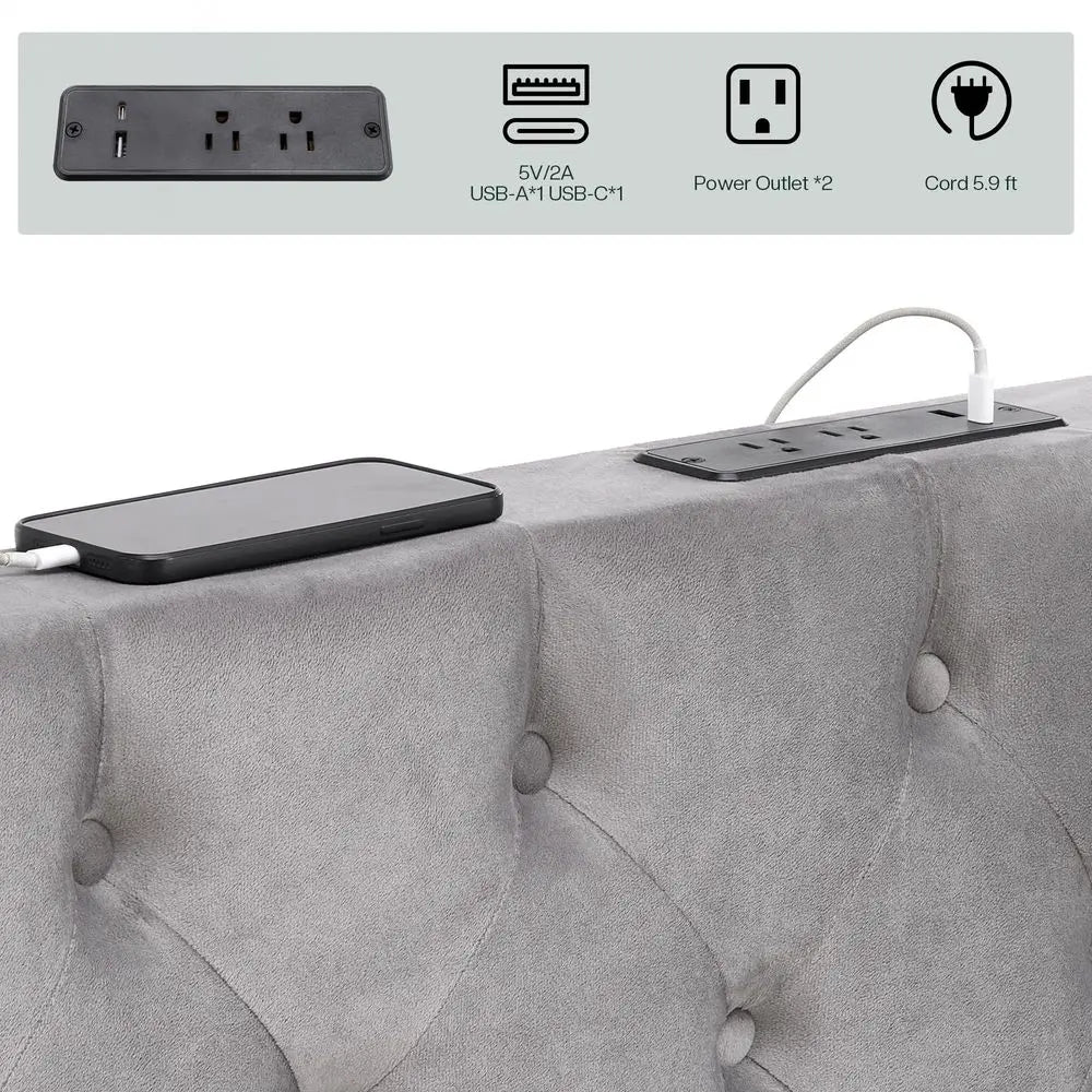 holstered Canopy Bed Frame Queen Size with 74.8 Tall Four Poster and Velvet DeepTufted Tall Headboard with Charging Station M
