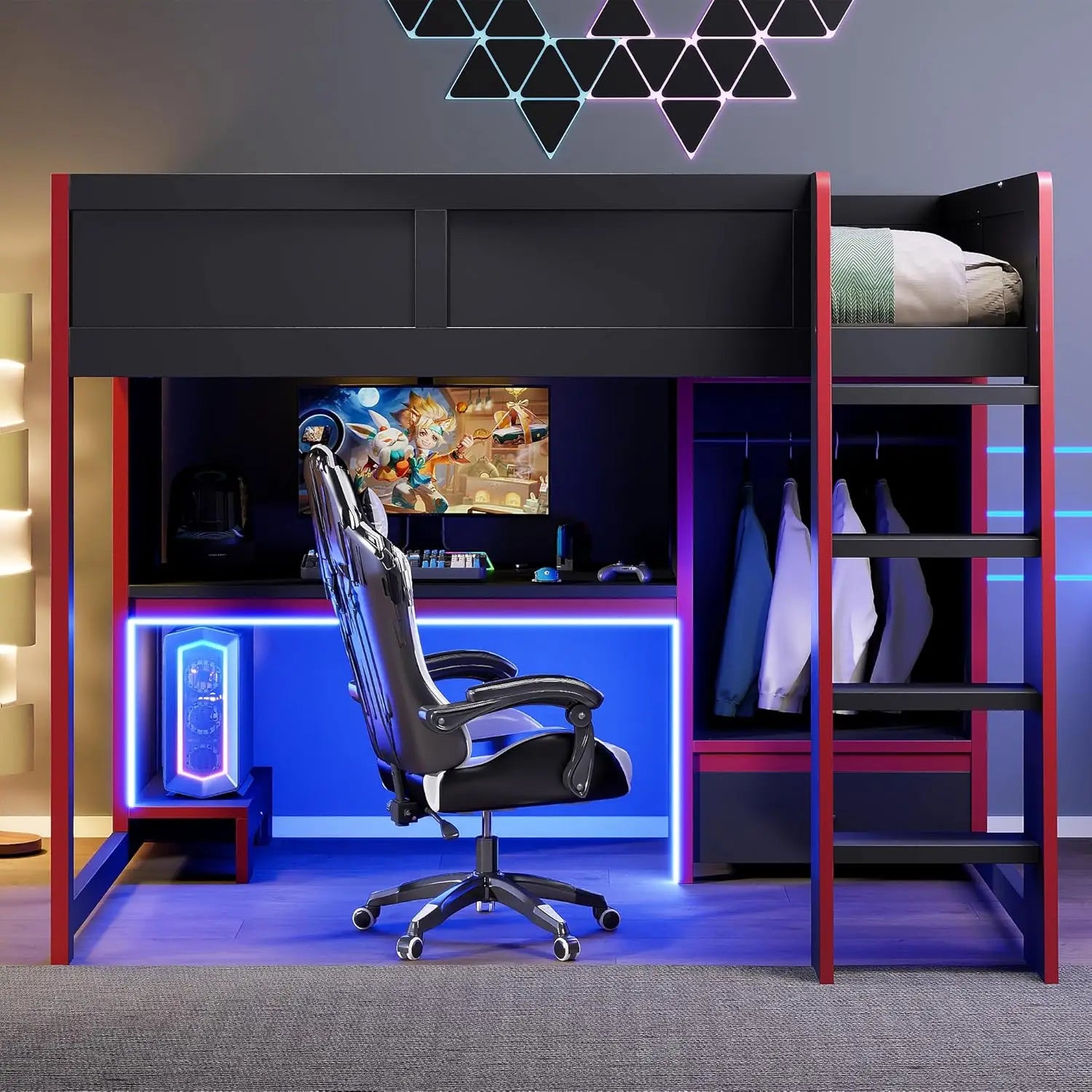 Full Wood Gaming Loft Bed Desk Storage Shelves LED Charging Station Kids Bedroom No Box Spring, Customized