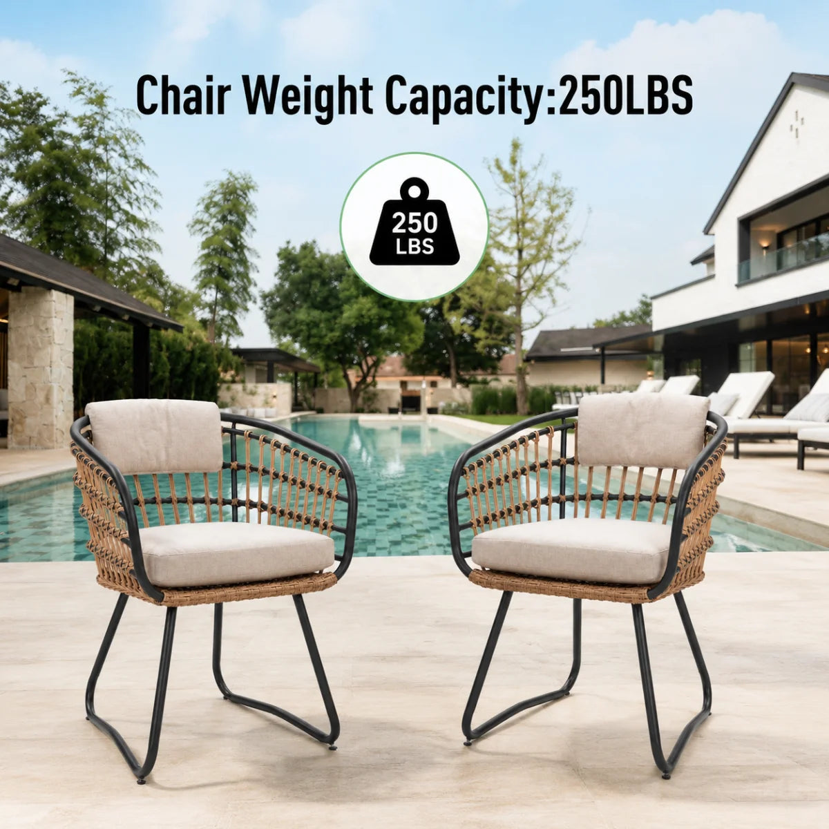 Outdoor Wicker Dining Chairs Set of 2, Patio Dining Chairs with Cushions, Rattan Dining Armchairs for Lawn, Garden, Poolside, Backyard, Porch, Beige RR