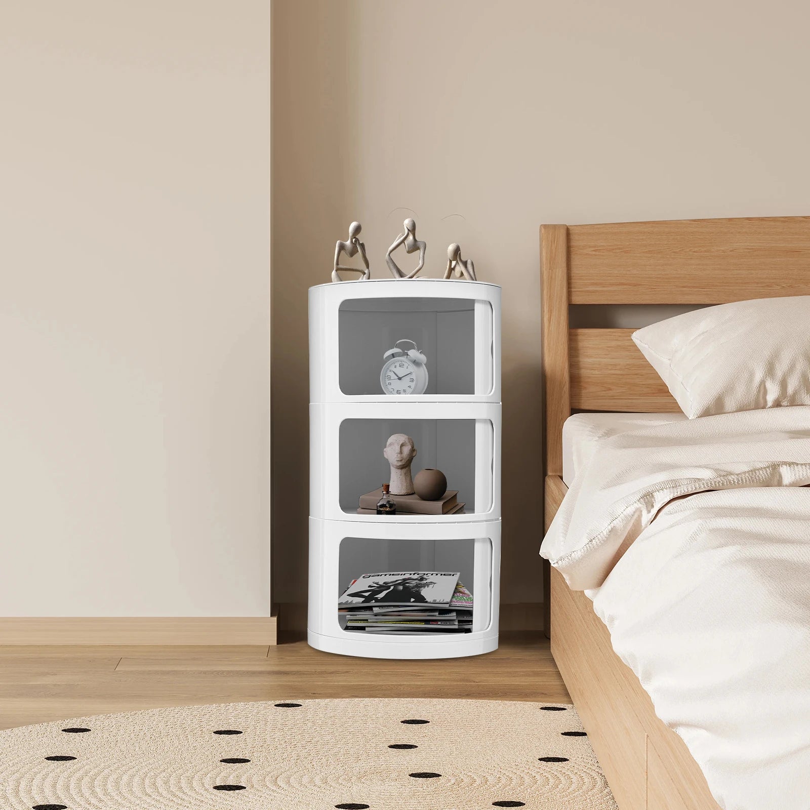 3 Layers Round Bedside Cabinet with 3 Drawers Cabinet with Storage - Round End Table Nightstand for Bedroom Living Room White