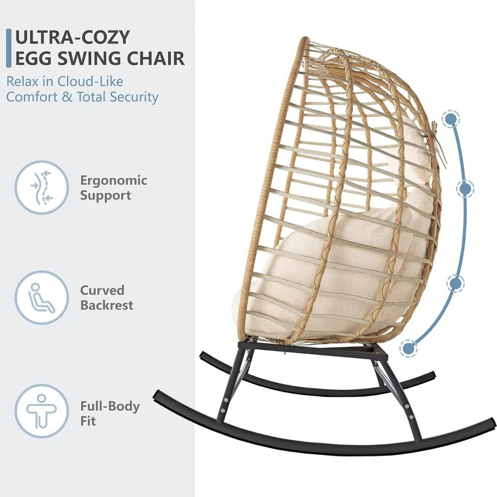 Double Egg Swing Chair Outdoor Indoor 2-Person Wicker Rocking Loveseat with Cushions, Patio Lounge for Balcony Backyard