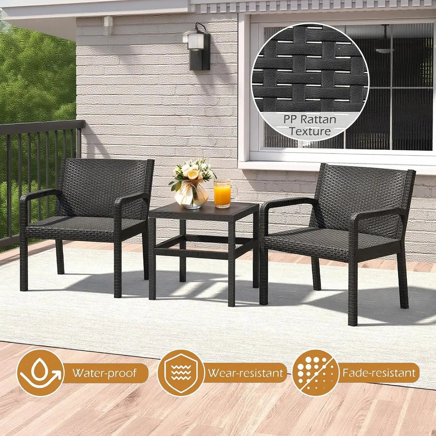 3 Piece Patio Furniture Set, Outdoor PP Rattan Wicker Furniture Set with 2 Modern Rattan Armchair and 25” Squire, Customized