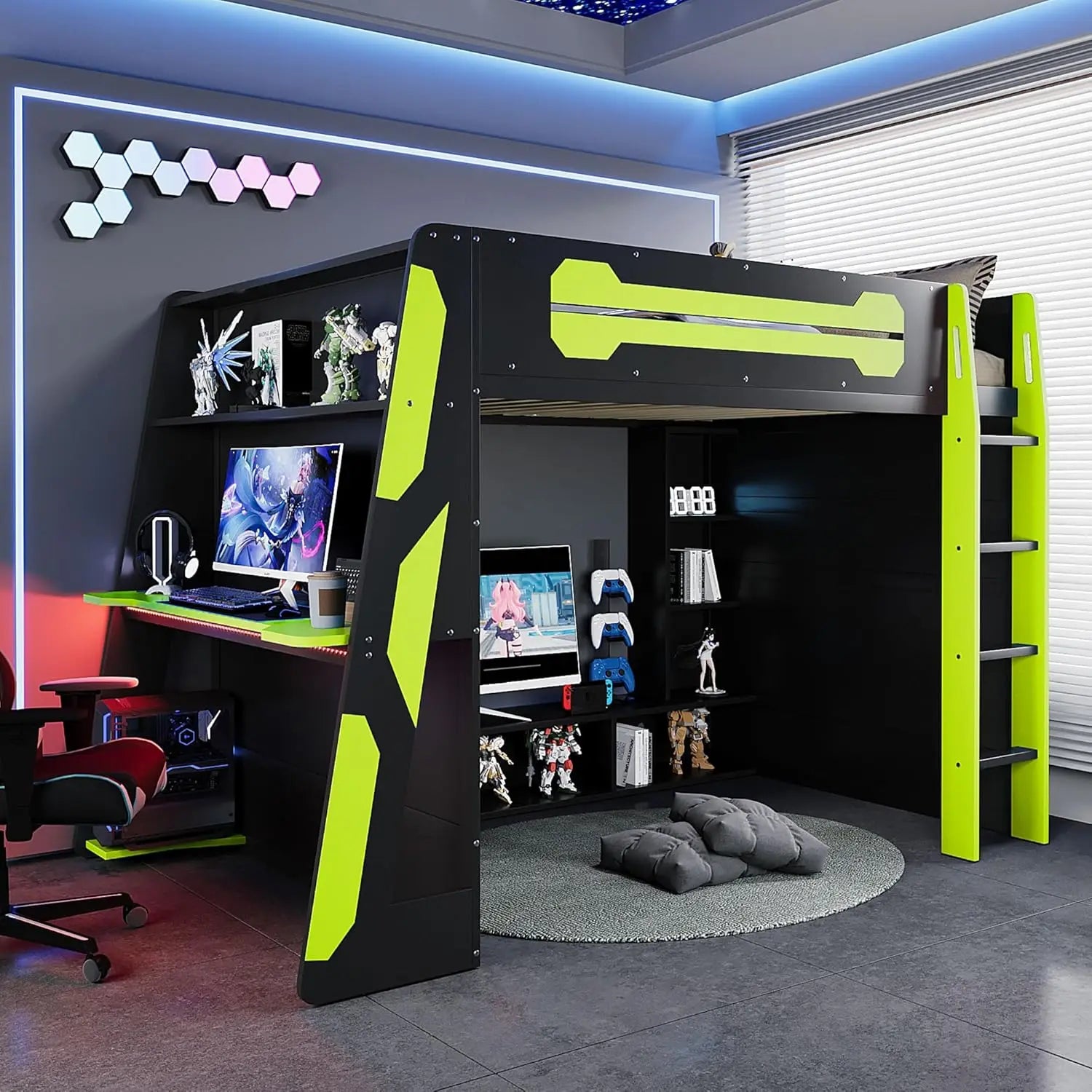 Full Wood Gaming Loft Bed Desk Storage Shelves LED Charging Station Kids Bedroom No Box Spring, Customized