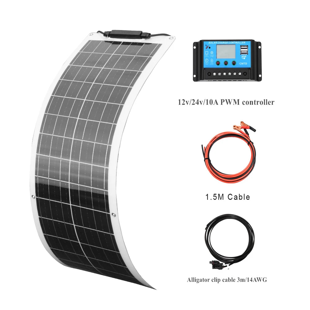 WUZECK Flexible Solar Panel Kit 50 Watt PV Module 100 Watt 12V 24V Solar Cable Cell Home Outdoor Car Boat Battery Camping Trip
