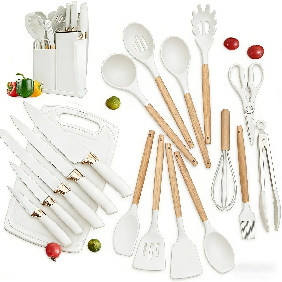 19PCS Silicone Kitchen Utensils Set with Wooden Handle Heat Resistant Nonstick Cooking Tools with Knife Set & Utensil Holder