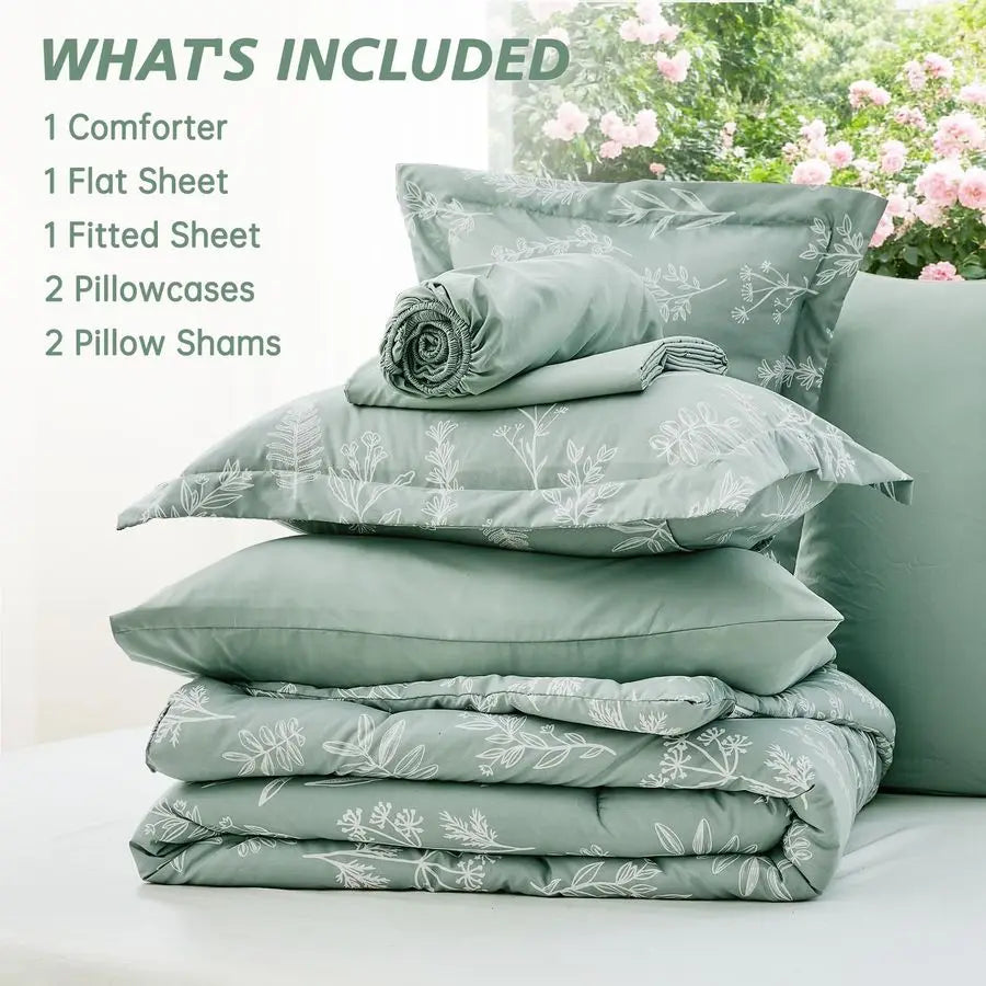Queen Comforter Set 7 Pieces, Sage Green Bed in a Bag Queen Reversible Botanical Flowers Design, Ultra Soft amp Breathable Beddi