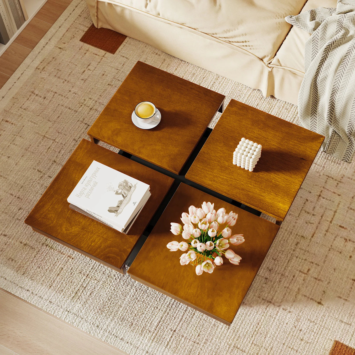 HOMASIS Square Coffee Table With Solid Wood Veneered Split Top