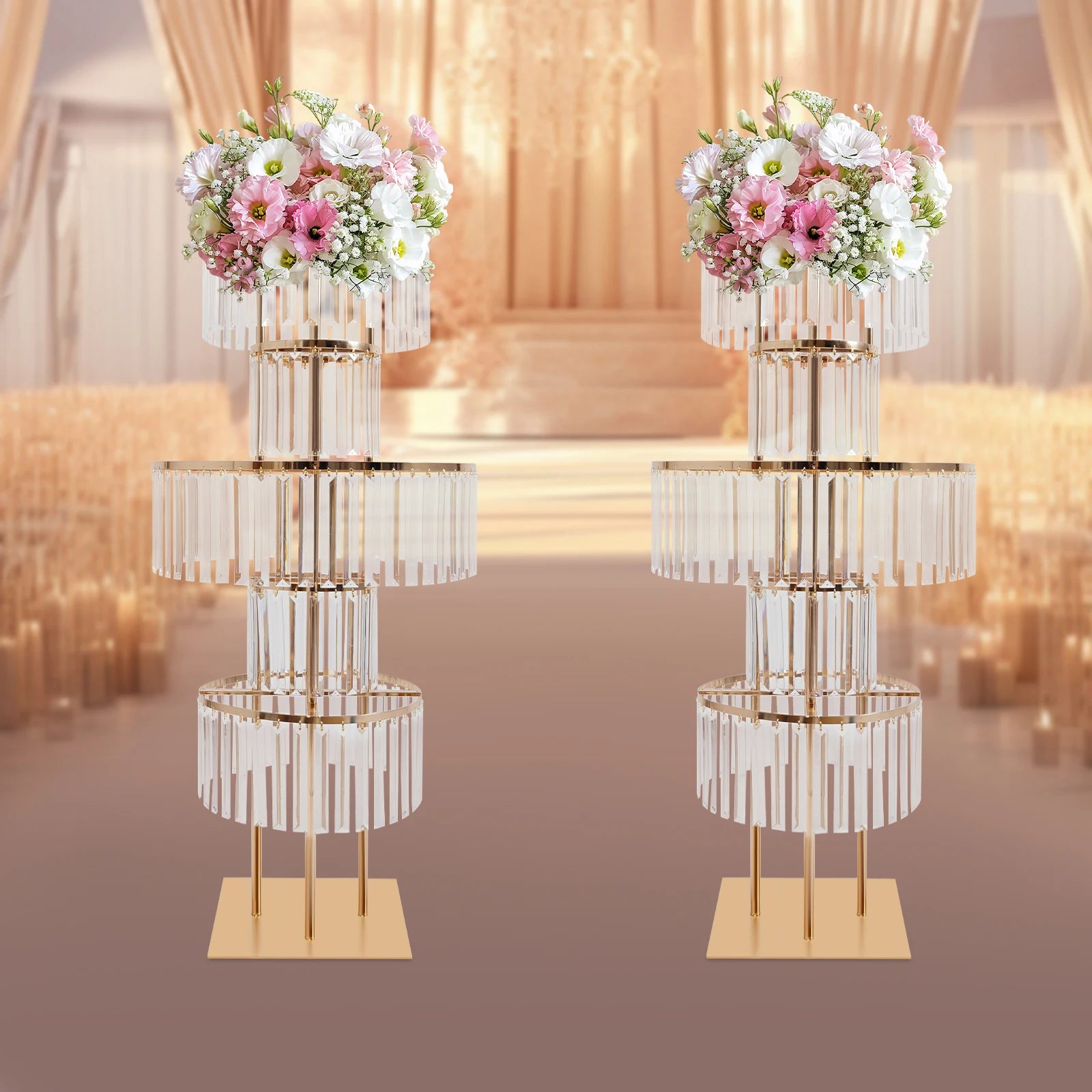 2PCS 5-tier Crystal Flower Stand Wedding Centerpieces Crystal Vases Premium Display Shelf for Party Table Decor Gold/Silver