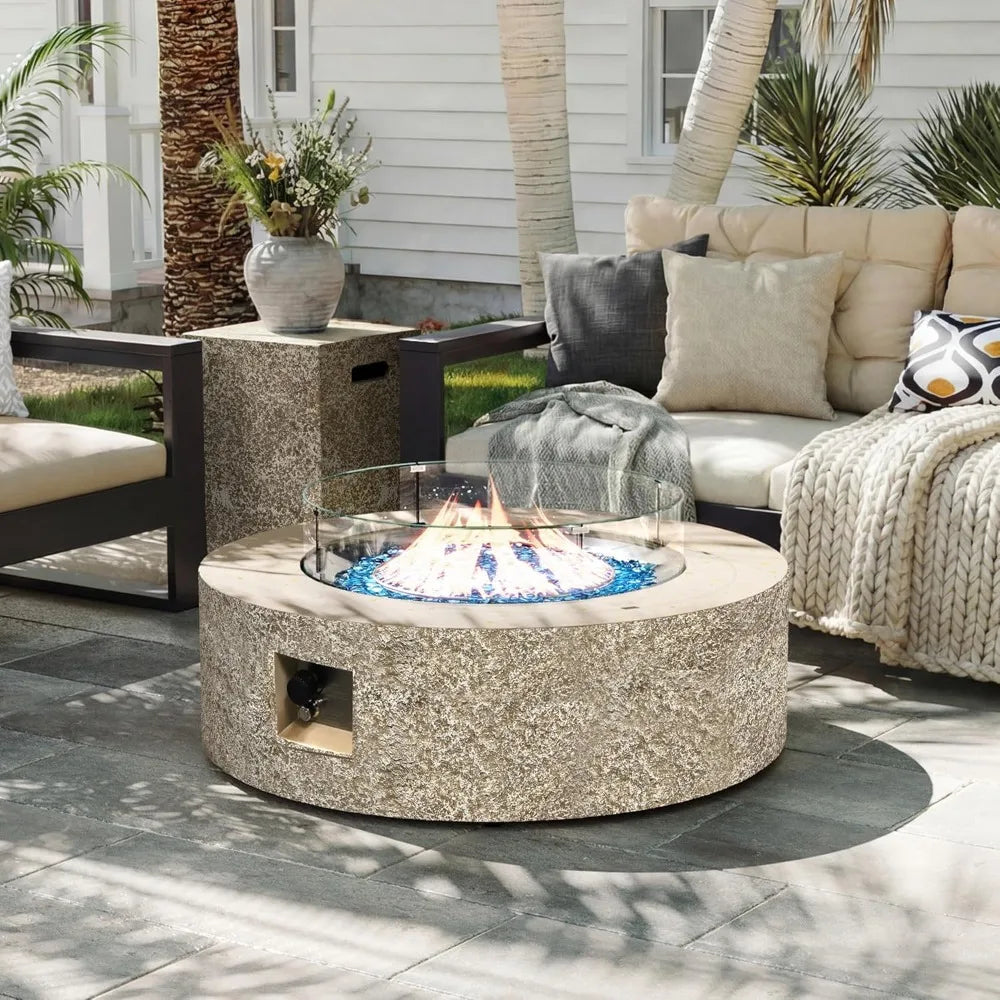 42-inch Outdoor Propane Gas Fire Pit Table 50000 BTU Concrete Round FirePit for Outside Patio with Propane Tank Cover, Wind Guad