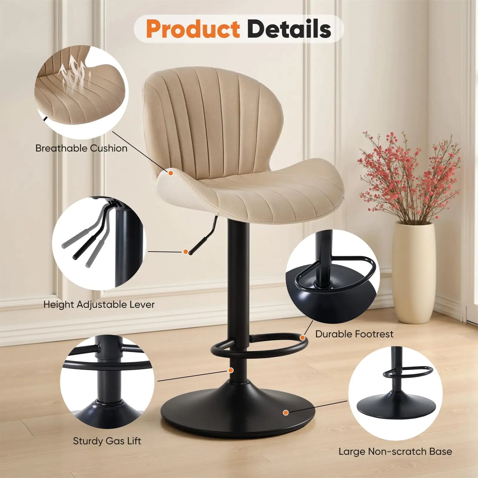 JHK Ergonomic Modern 360° Swivel Dining Chairs Set of 2 Adjustable Fabric Upholstered Kitchen Chairs with For Kitchen Island