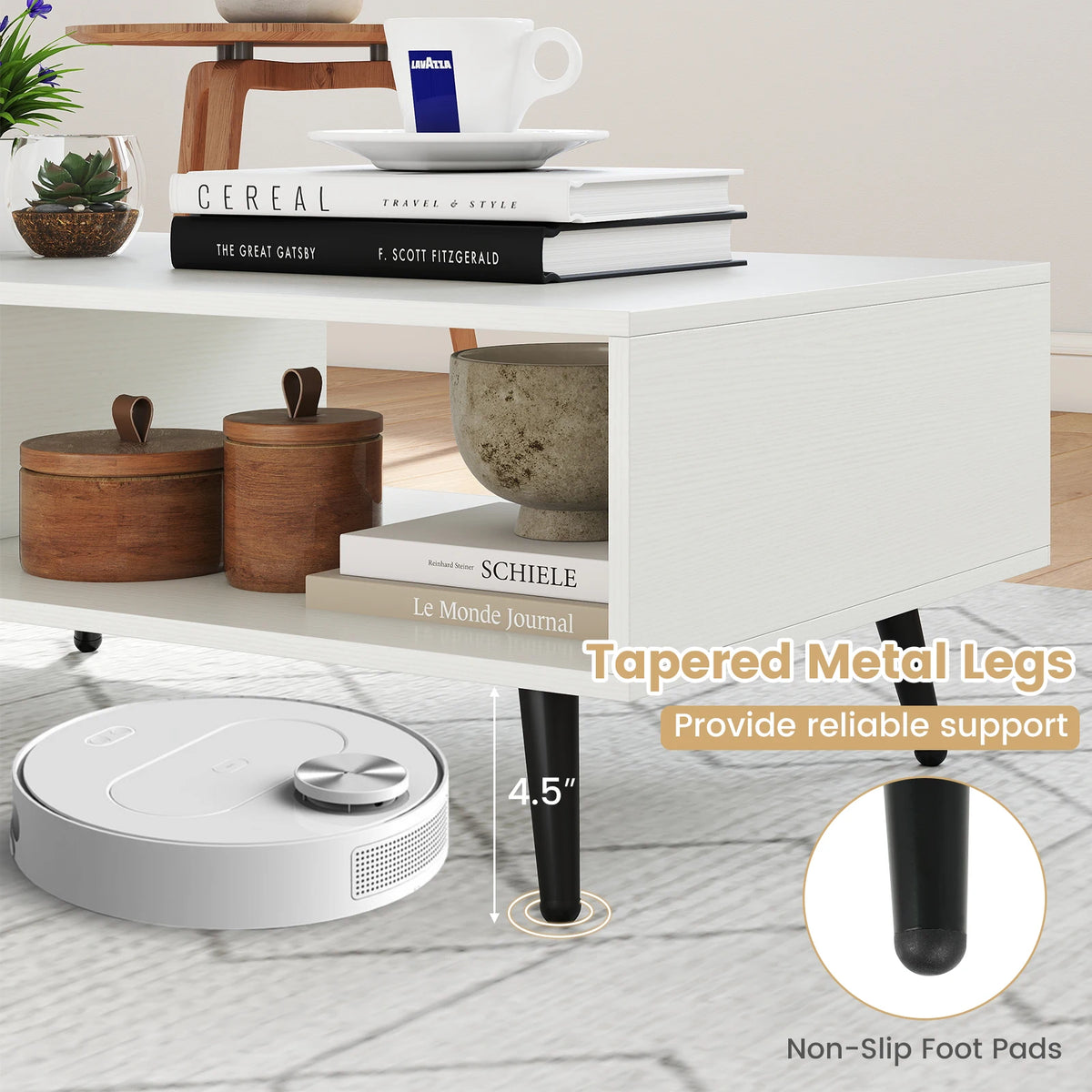 HOMASIS Two Tier Coffee Table With Storage Compartments Metal Legs