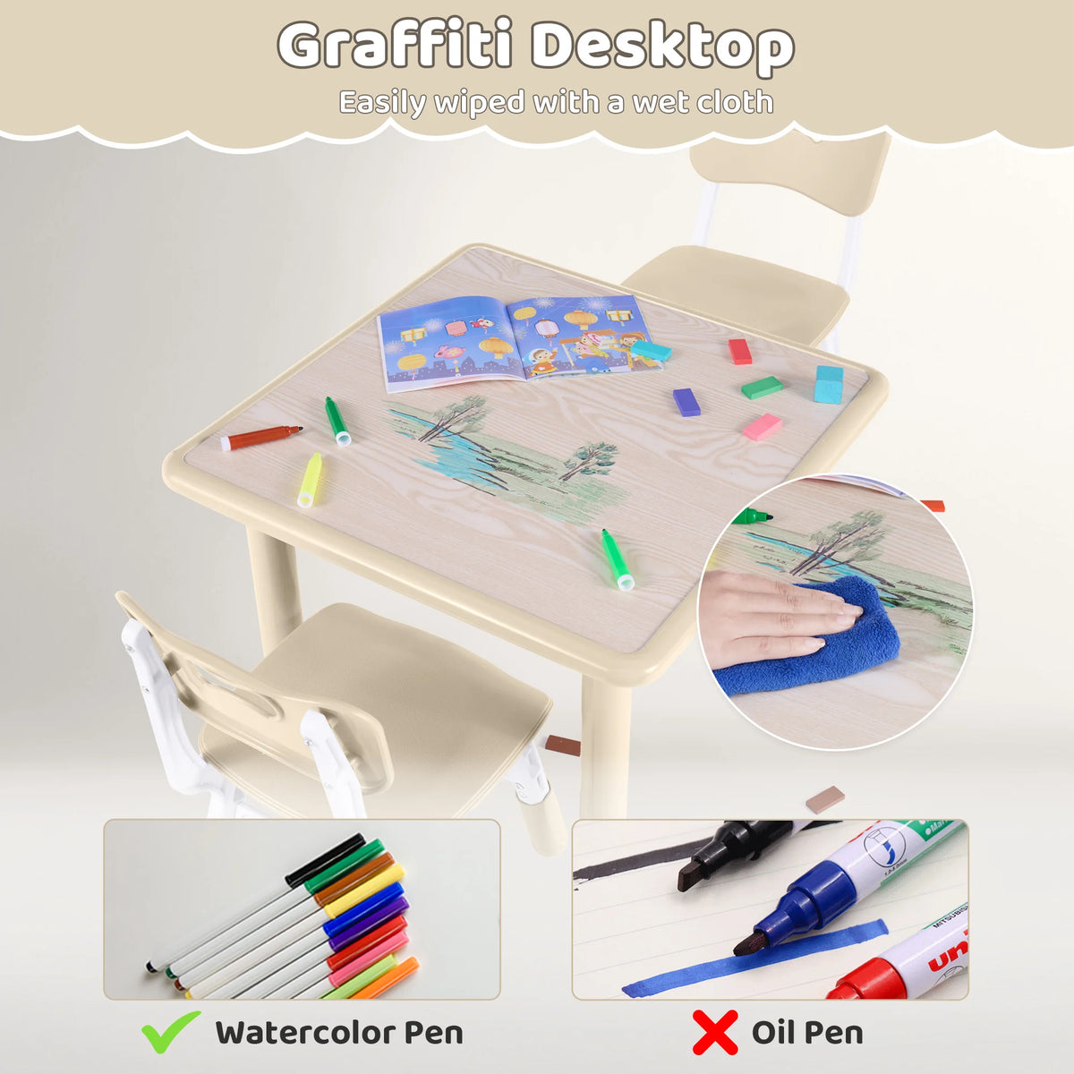 Adjustable Kids Table Set With Two Chairs For Montessori Art Learning