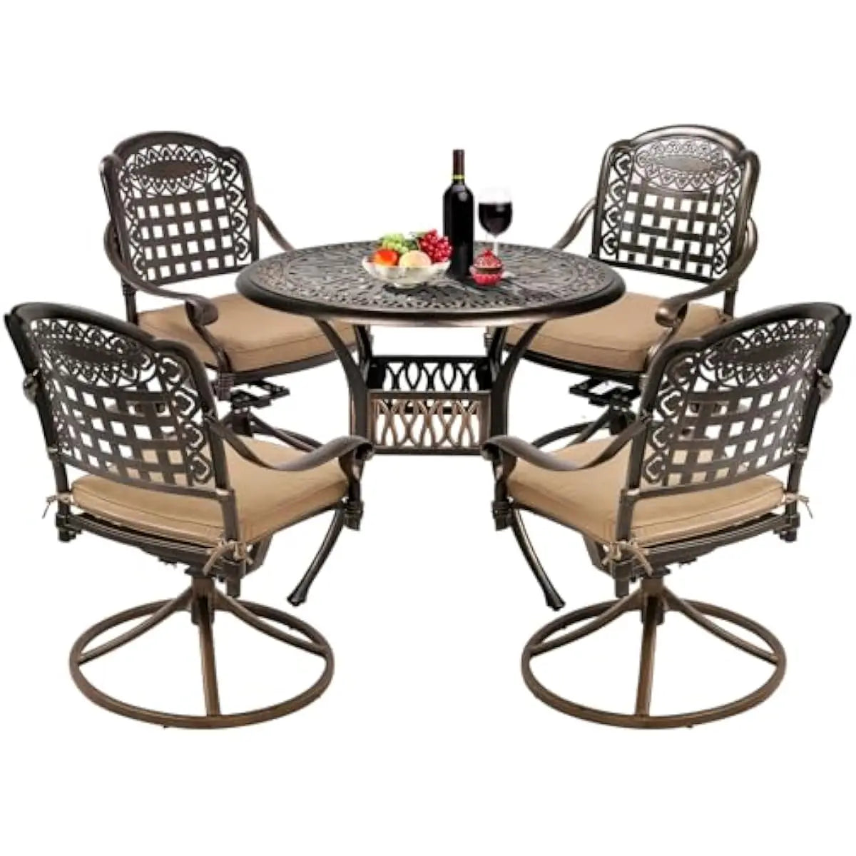 5-Piece Round Outdoor Dining Ensemble Featuring Swivel Rocking Chairs with Quick-Dry Cushions, Hollow Plaid Design, Umbrella Hol