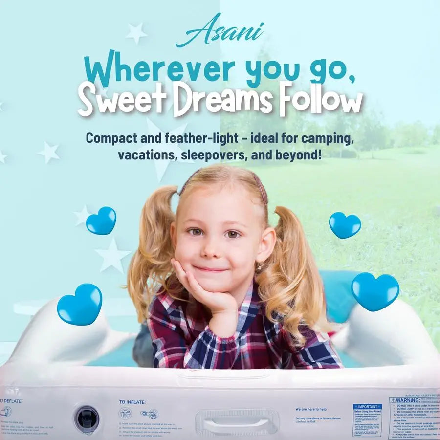 Inflatable Toddler Travel Bed, Electric Pump, Leakproof Air Mattress, Bumpers, Carry Case, Pillow Fits Kids Up to 4ft Blue Porta