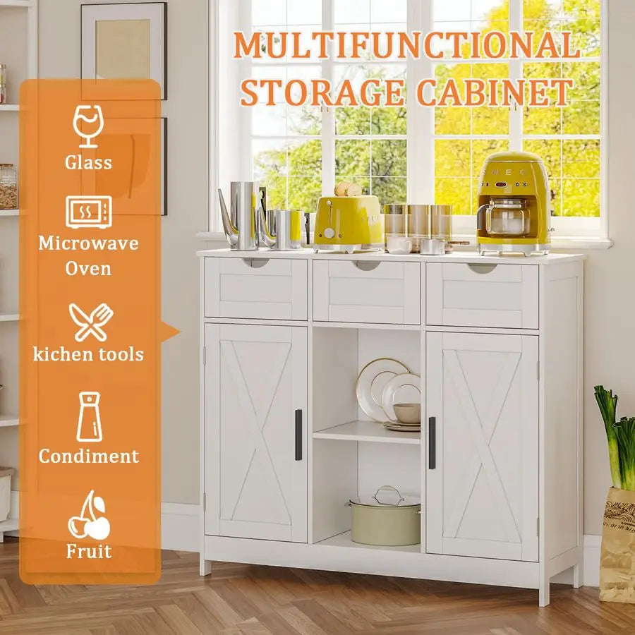 Cabinet, Coffee Bar Cabinet with 2 Adjustable Shelves, 3 Drawers, and 2 Doors, for Bathroom, Kitchen, Living Room White