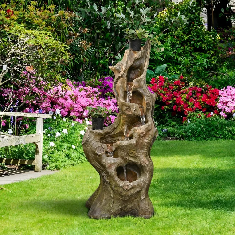 Water Fountain Outdoor 5-Tiers Large Cascading Realistic Tree Trunk Natural Waterfall Outdoor Fountain Resin Imitation Wood