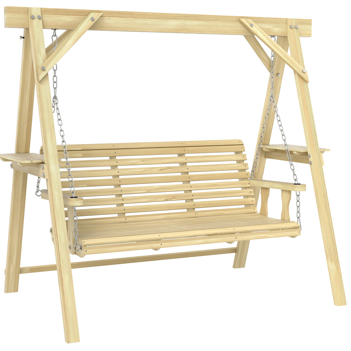 Outsunny 3-Seater Patio Swing with Stand and Side Table, Natural Wood