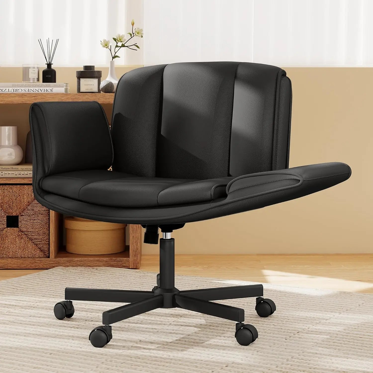 Criss Cross Chair with Wheels & Armrests,Comfy Wide Vanity Chair,Scratch-Resistant Pu Leather Cross Legged Desk, Customized