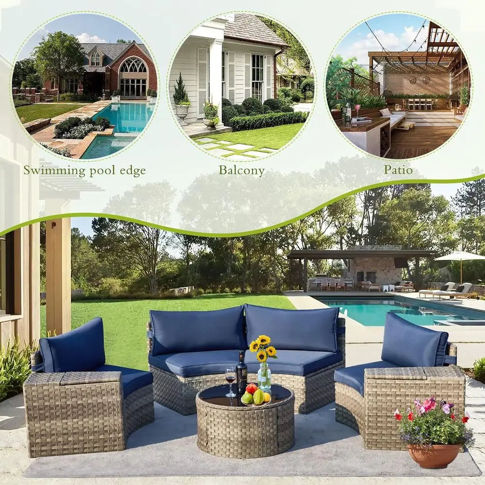 7 Piece Outdoor Hal Moon urniture, Wicker Patio Sectional Contion Set with 2 Storage Armrests and Circle Glass Table, Gray Ratta