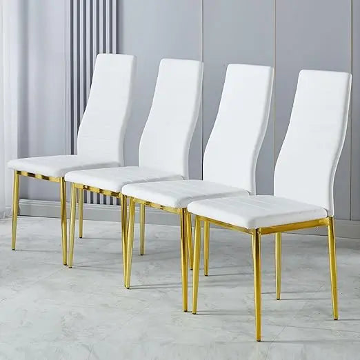 White Dining Chairs Set of 4 with Gold Legs,Metal Kitchen Chairs Armless,Modern Kitchen Chair Set of 4 for Dining Room,High Back