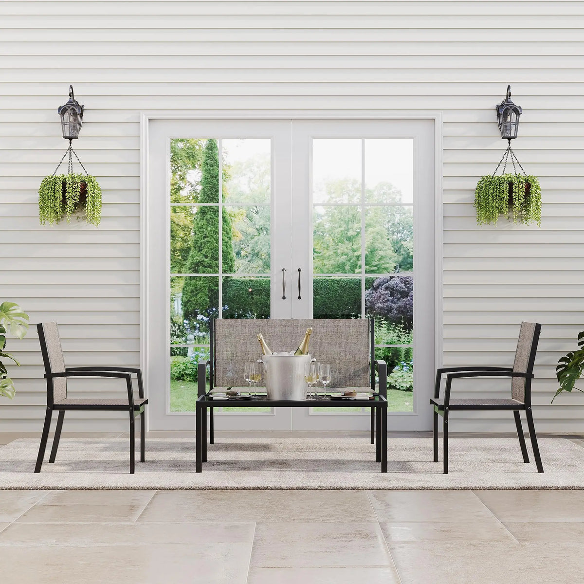 Modern 4 Piece Metal Patio Furniture Set Breathable Mesh Outdoor Loveseat & Chairs With Table For Deck Apartment Porch Backyard