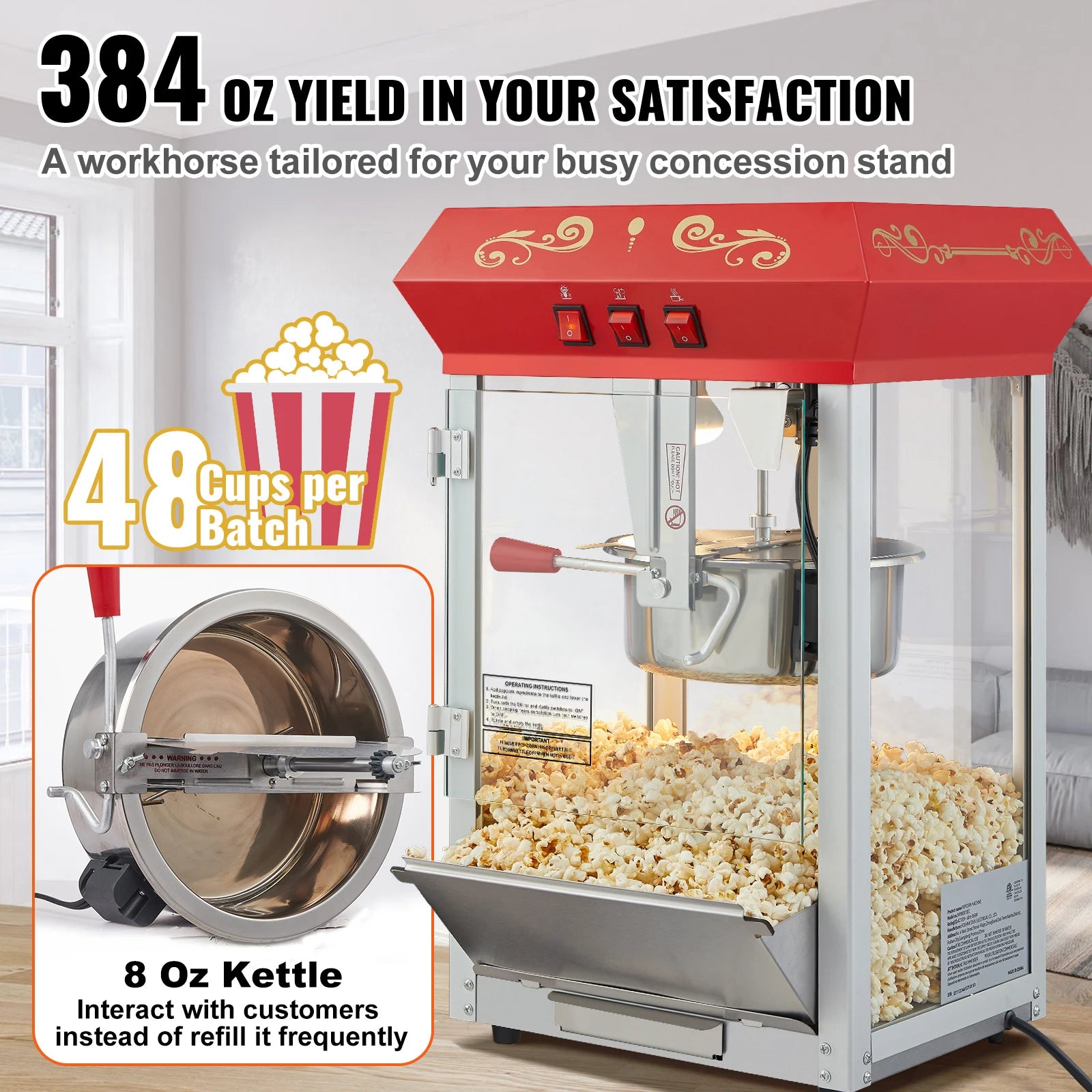 SucceBuy 8/12Oz Electric Popcorn Maker Commercial Popper Machine Automatic Corn Cookware with Scoop Spoon SUS304 Heating Tube