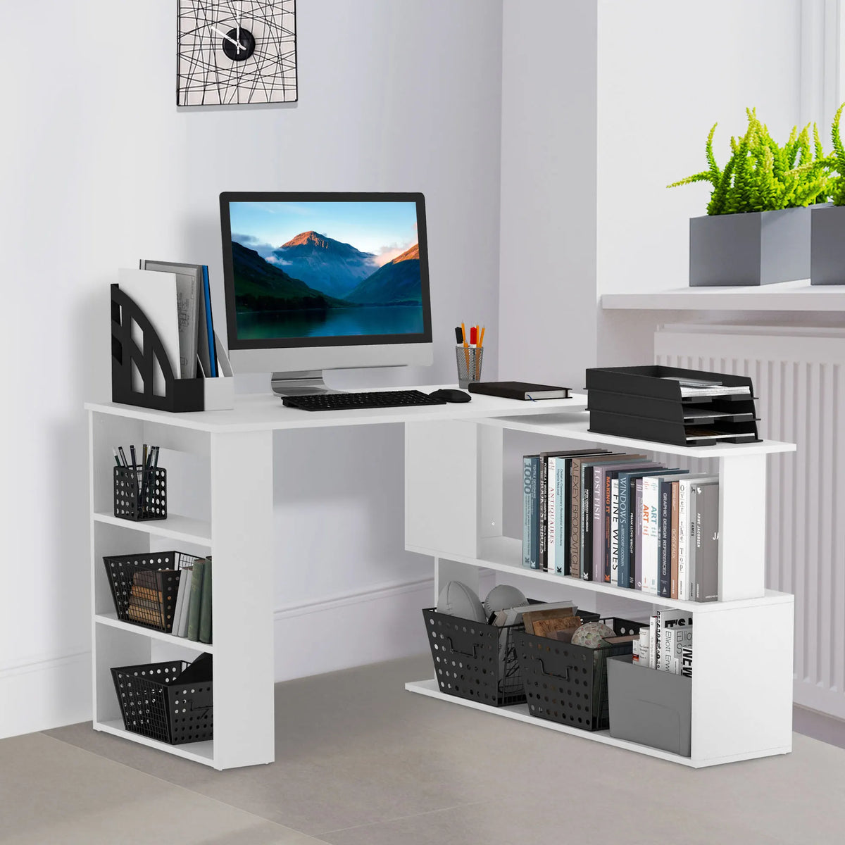 HOMCOM L Shaped Rotating Computer Desk with Storage Shelves
