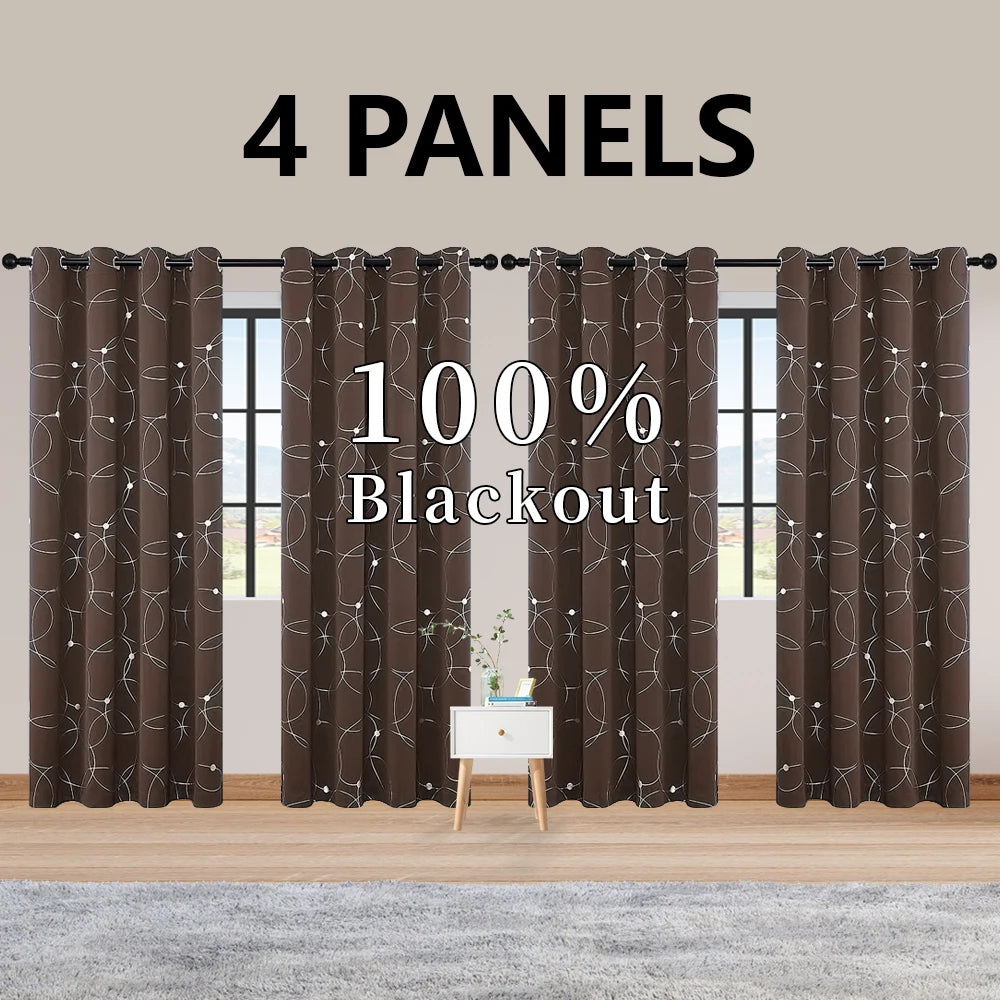 4PCSBlackout Curtains Grommet Thermal Insulated Room Darkening With Circle And Dots Foil Printed For Bedroom