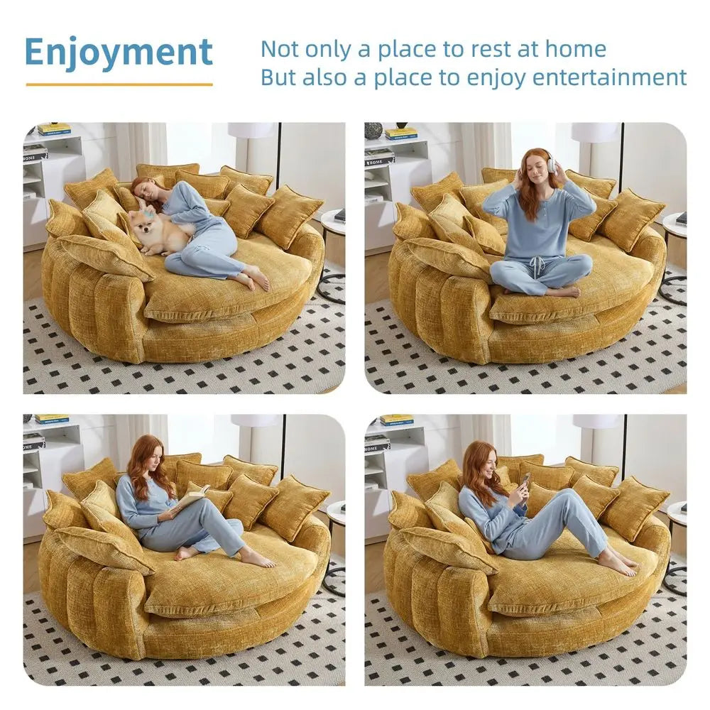 Oversized Round Sofa Bed, Large Chenille Bean Bag Chair, No Assembly Required Cloud Couch, Fluffy Plush Chaise Lounge Chair Ind