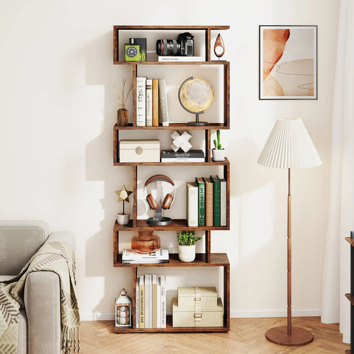 HOMASIS S-Shaped Geometric Storage Bookshelf Bookcase With Anti-Tip Safety Kit
