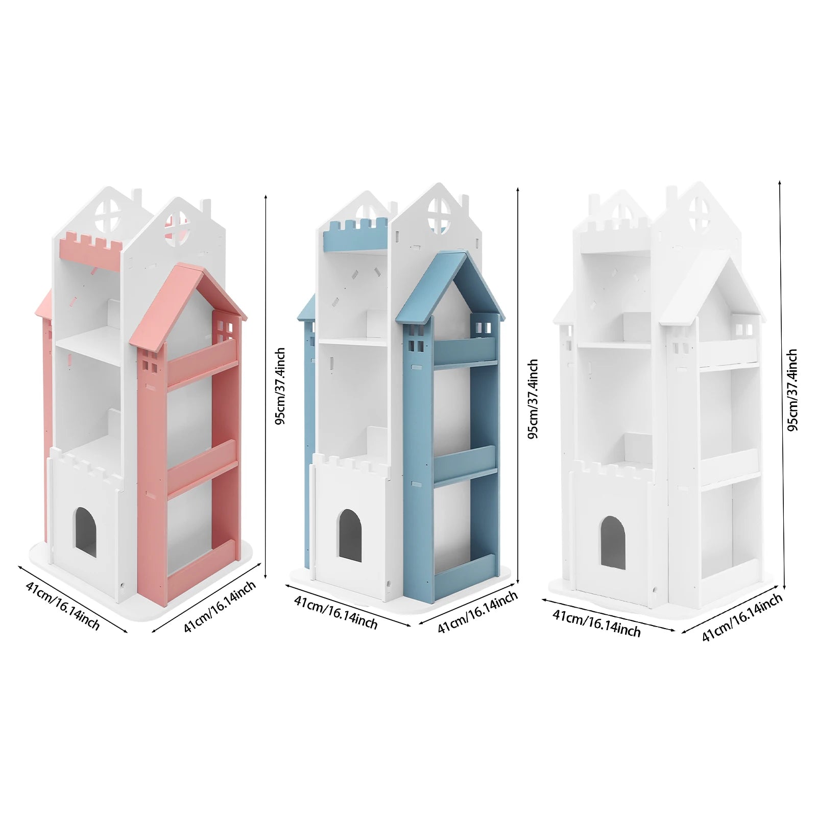 Rotating Kids Bookshelf 7 Tier Castle Design Book Toy Storage Organizer Book Display Shelf for Home Bedroom,3 Colors