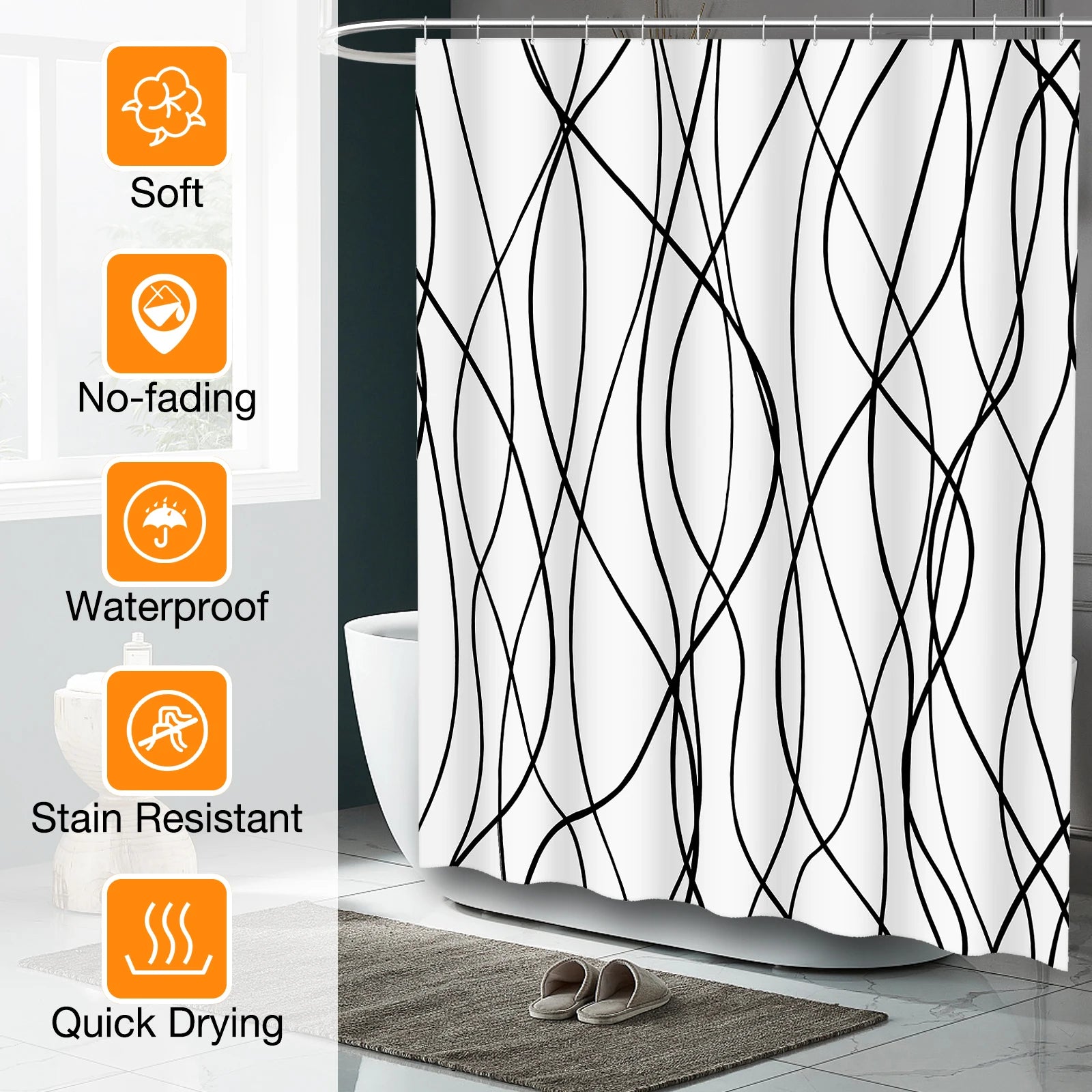 Striped Wavy Line Shower Curtain, Minimalist Waterproof Polyester Fabric Shower Curtain Set with 12 Hooks, Bathroom Decorative