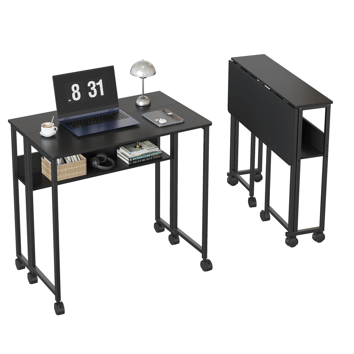 HOSSLLY Folding Computer Desk With Wheels And Storage Shelf