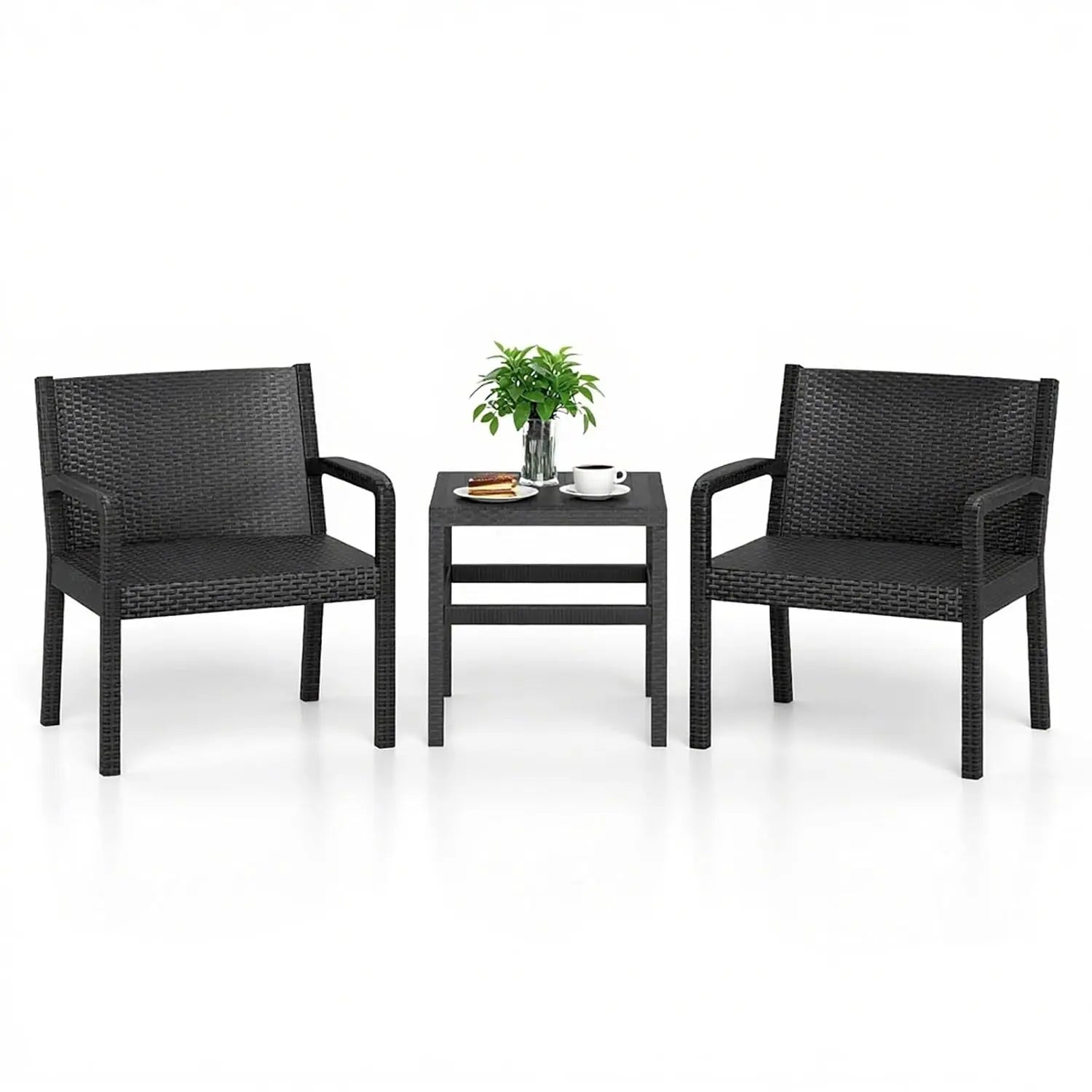 3 Piece Patio Furniture Set, Outdoor PP Rattan Wicker Furniture Set with 2 Modern Rattan Armchair and 25” Squire, Customized