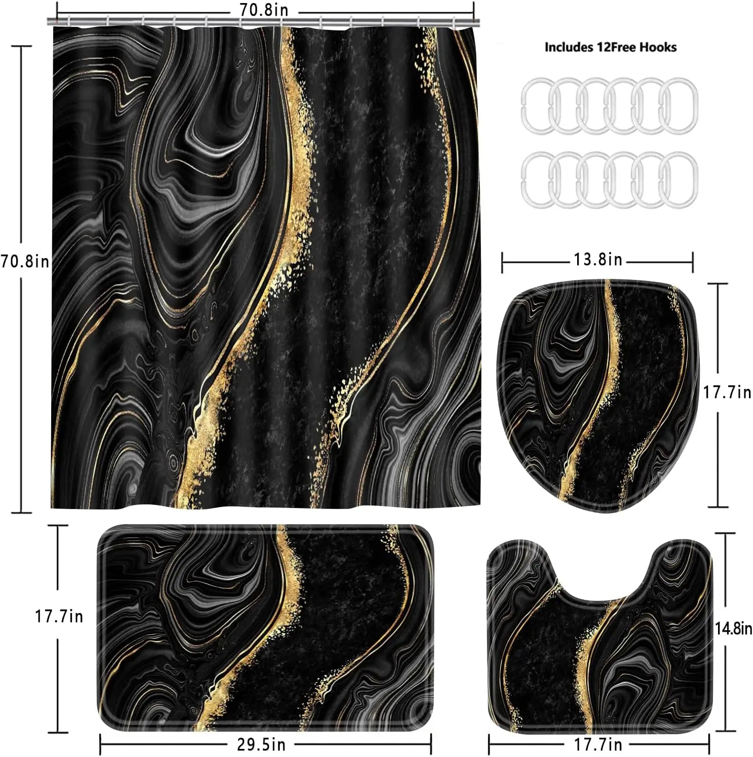 4-Piece Black Marble Shower Curtain Set with Gold Rugs, Modern Abstract Bathroom Decor Accessories Including Toilet Lid Cover