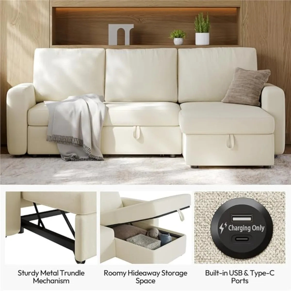 XIUWO L Shaped Sectional Sleeper Sofa Bed With Chaise Storage