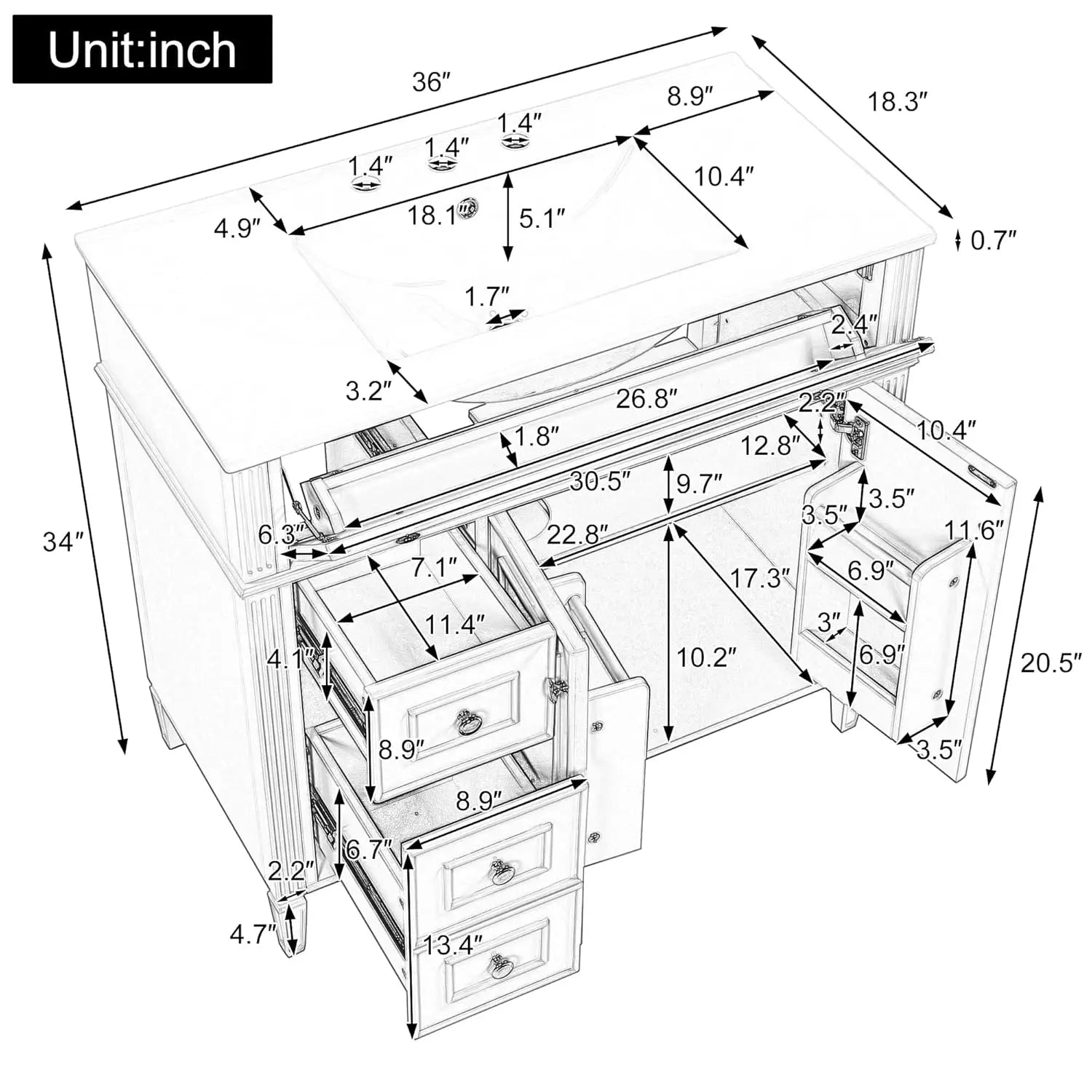 36" Free Standing Bathroom Vanity with Sink, Tip-Out Drawer & 3 Drawers & 2 Doors, Wood Cabinet with Ceramic Basin, Customized