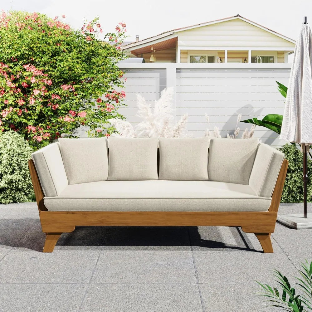 Outdoor Patio Daybed Sofa,3-Seat Sofa with Foldable Arm 4 Back Pillows,Teak Acacia Wood Frame Beige Removable Cushion,Teak+ Bei