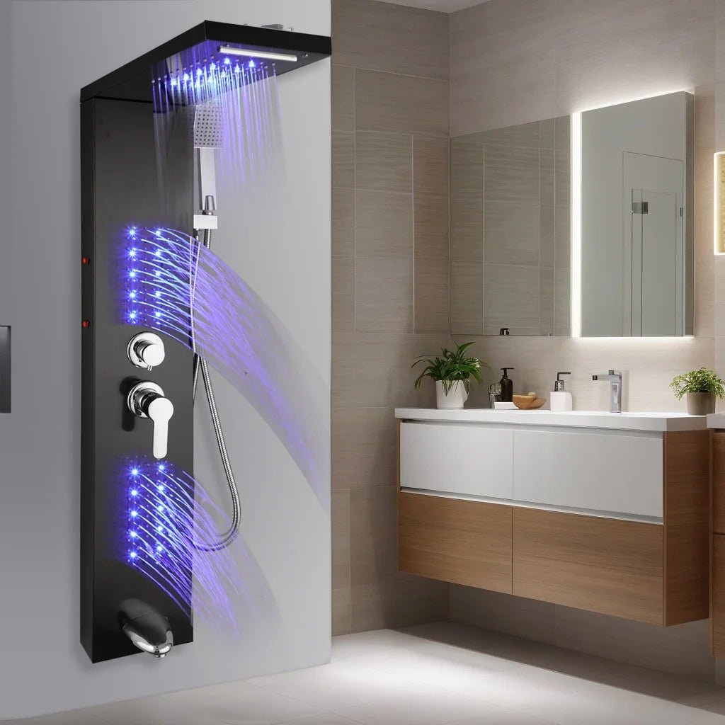 KEMAIDI Stainless Steel Shower Panel Tower System LED Shower Head 5-Function Faucet Rain Massage System with Body Jets Shower