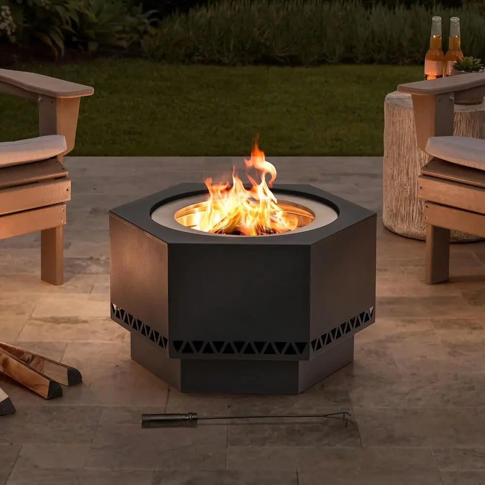 26 Hexagonal Outdoor Wood Burning Fire Pit with Cover and Poker, Smokeless Design, Perfect for Patio and Camping, Black
