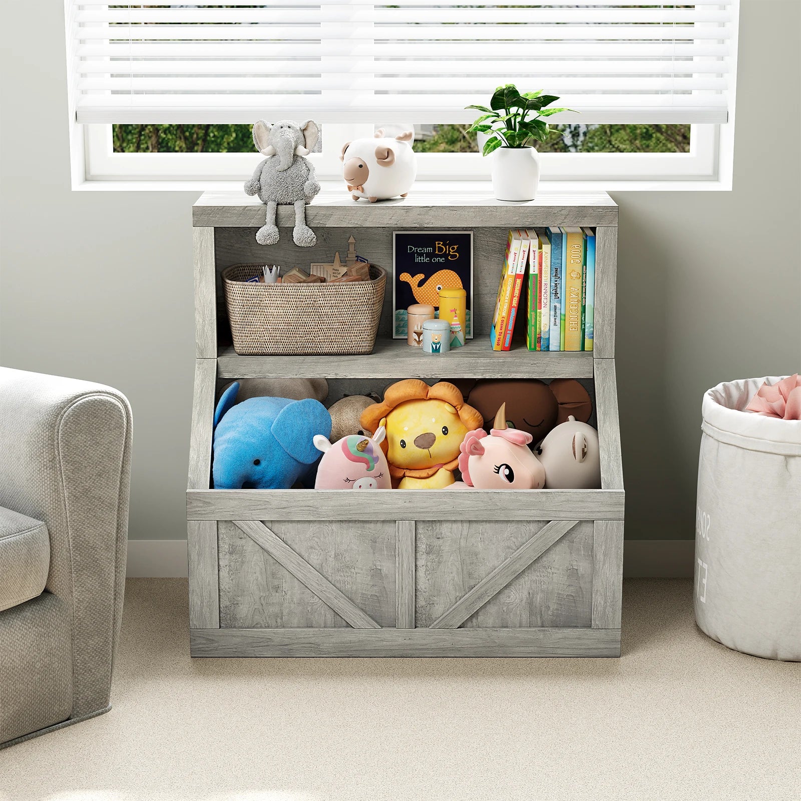 Kids Bookshelf Wooden Toy Storage Organizer with Cubby Toddler Bookcases for Playroom Children&
