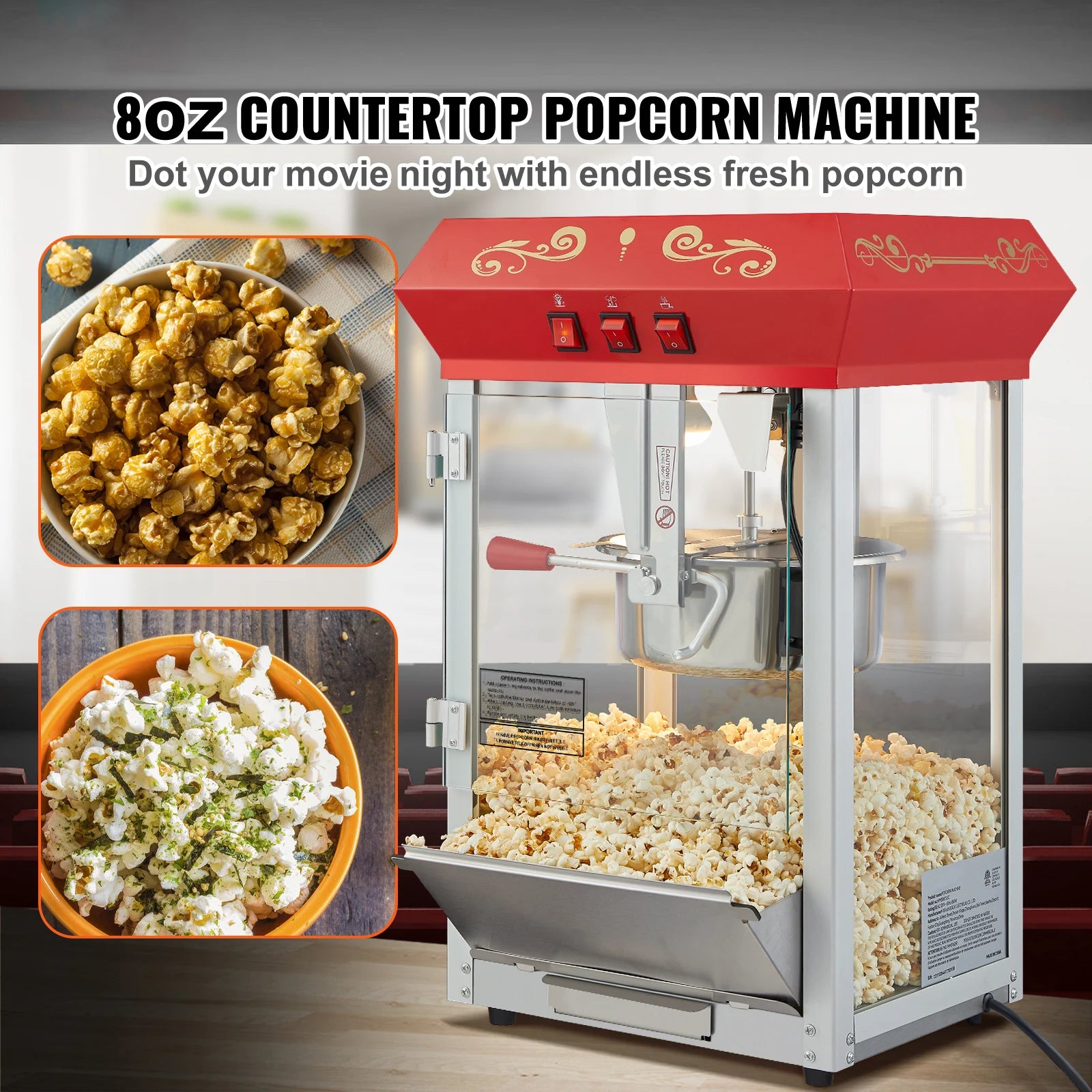 SucceBuy 8/12Oz Electric Popcorn Maker Commercial Popper Machine Automatic Corn Cookware with Scoop Spoon SUS304 Heating Tube