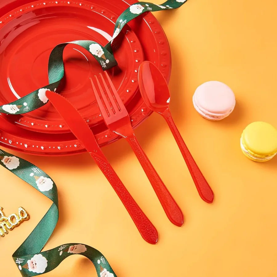 175 PCS Red Plastic Dinnerware Set for Outdoor Events and Gatherings Includes 50 Plates 25 Cups 25 Napkins 25 Cutlery Spoons Fo