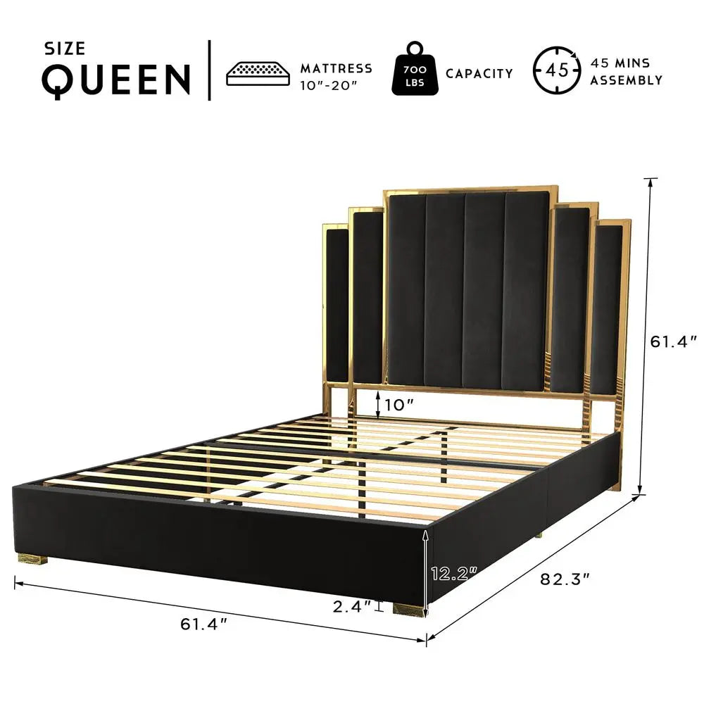 Queen Size Bed Frame and 61 Headboard, Upholstered Bed with Golden Plating Trim, Modern Platform Bed No Box Spring Needed, Blac
