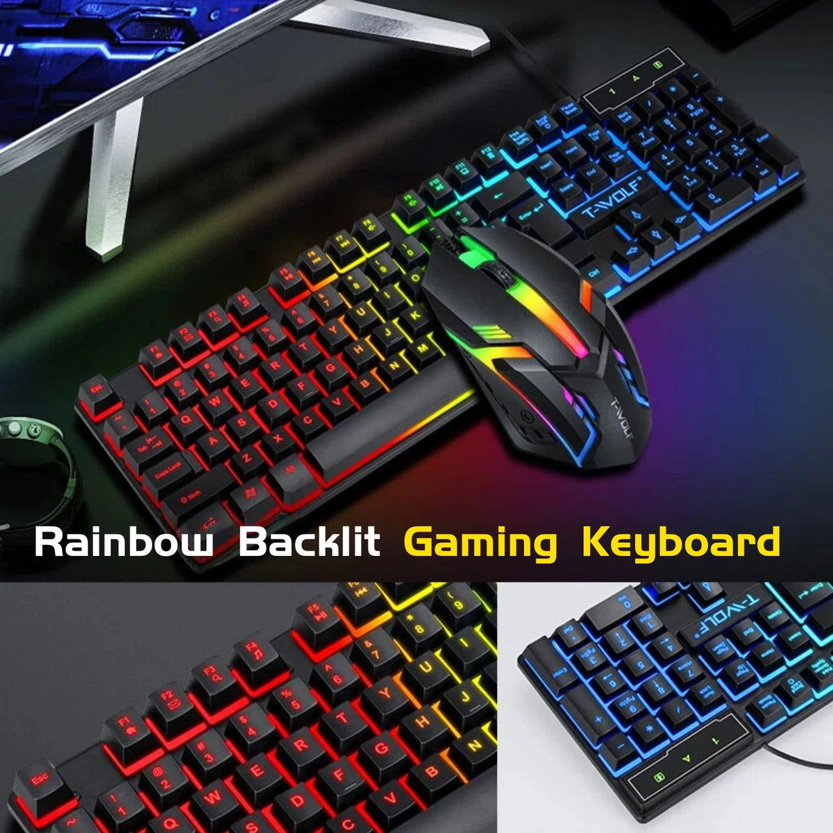 T-WOLF RGB Gaming Keyboard Mouse Headset Mousepad Combo LED Backlit