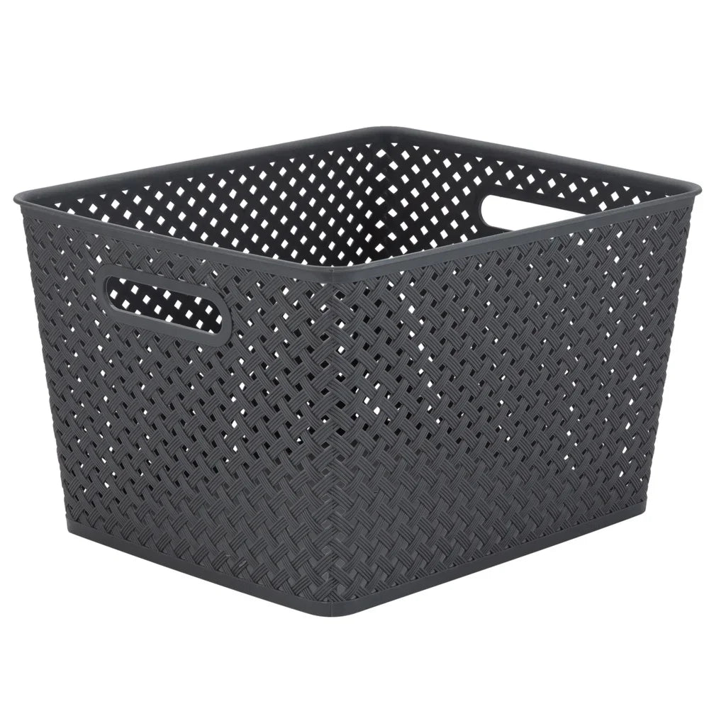 Large Storage Bin Gray Resin Wicker Lightweight Organizing Basket with Handles for Home Storage
