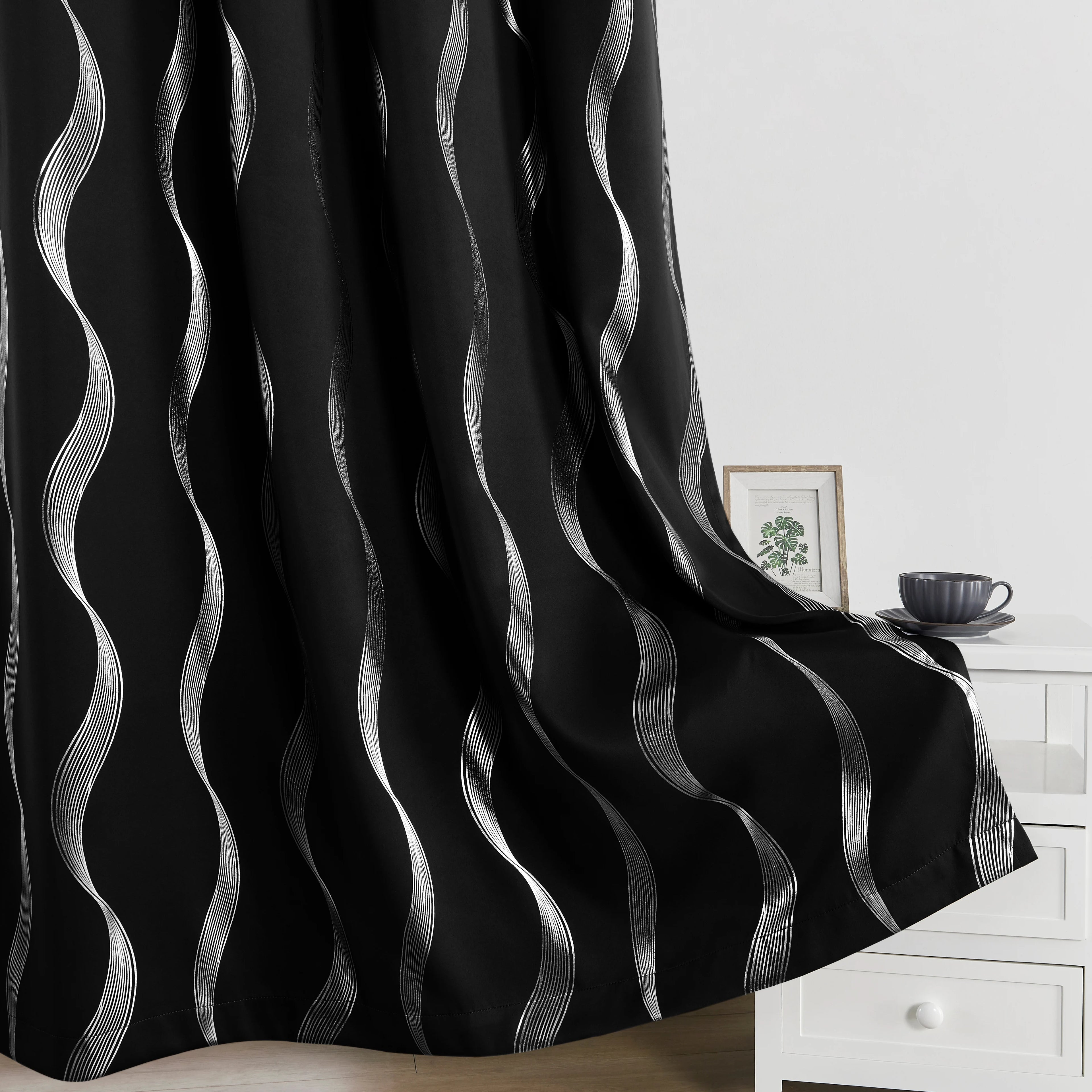 4PCS Blackout Curtains Grommet Thermal Insulated Room Darkening With Wave Foil Printed For Bedroom