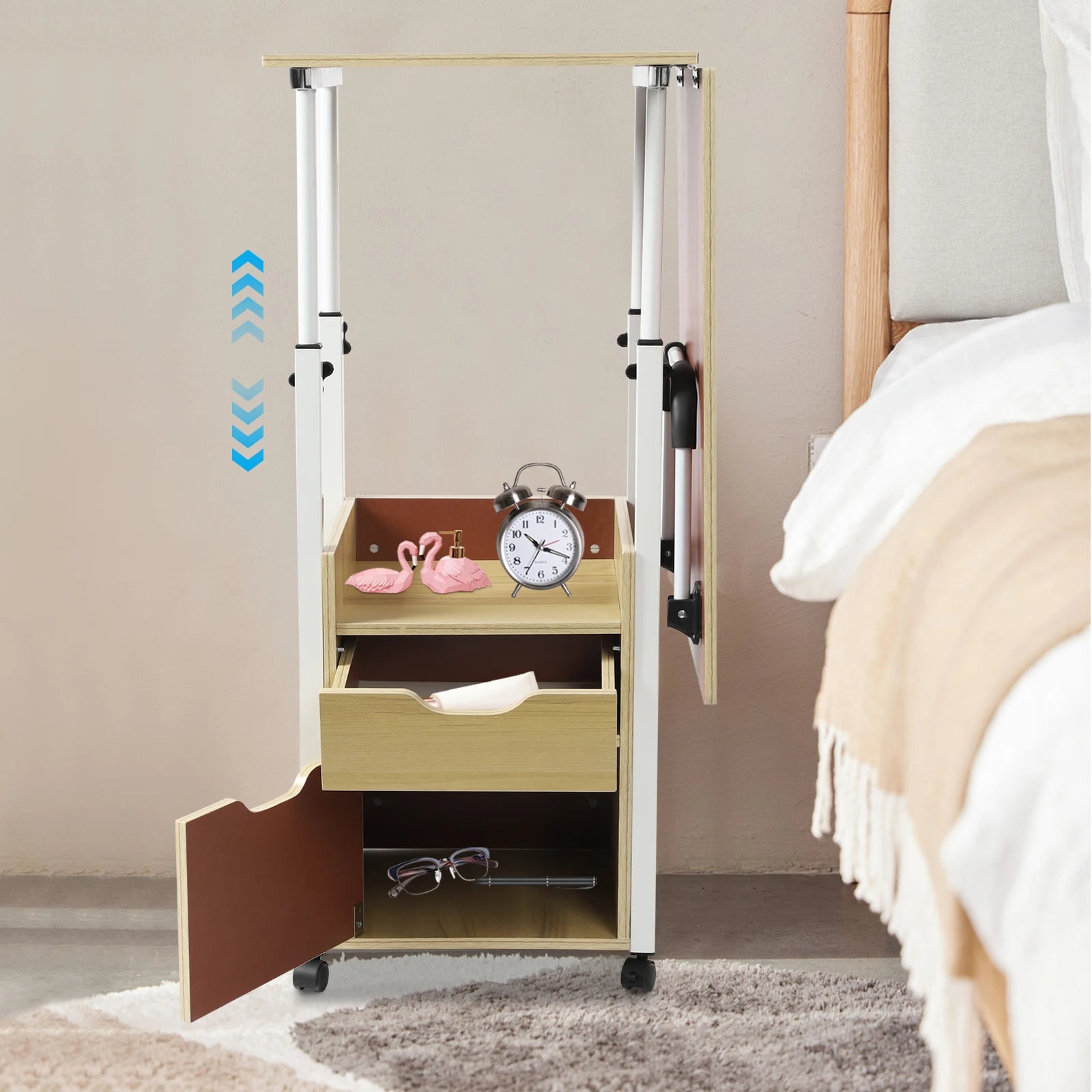 Foldable Laptop Desk with Wheels Height Adjustable Bedside Computer Table Portable Bedroom Office Table
