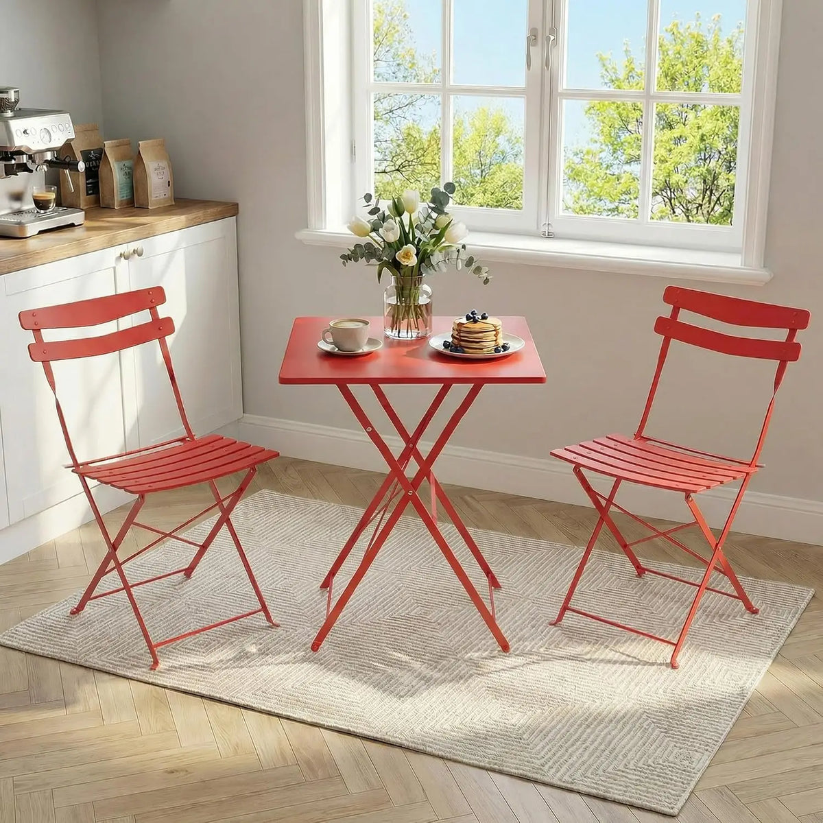 Space-Saving Collapsible Metal Bistro Set, 3-Piece Patio Table and 2 Chairs, Weather-Resistant, No Assembly, Compact for Balcony, Porch, Deck, Garden, Indoor, Outdoor